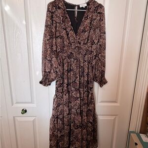 bohme Long Sleeve Floral Dress - floral brown pattern